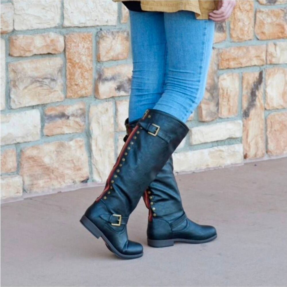 Journee Spokane Studded Buckle Vegan Leather Riding Boots Sz. 8.5